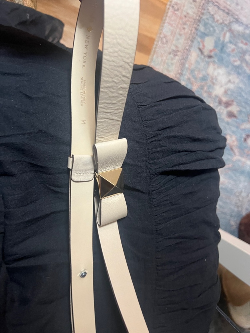 Kate Spade  Cream Leather Bow Belt with Gold Pyramid Accent M